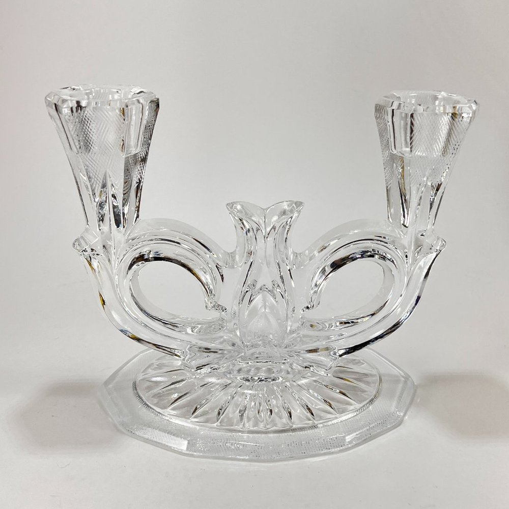 Vtg Beyer Candelabra Double Candle Stick Holder Lead Crystal Etched West Germany